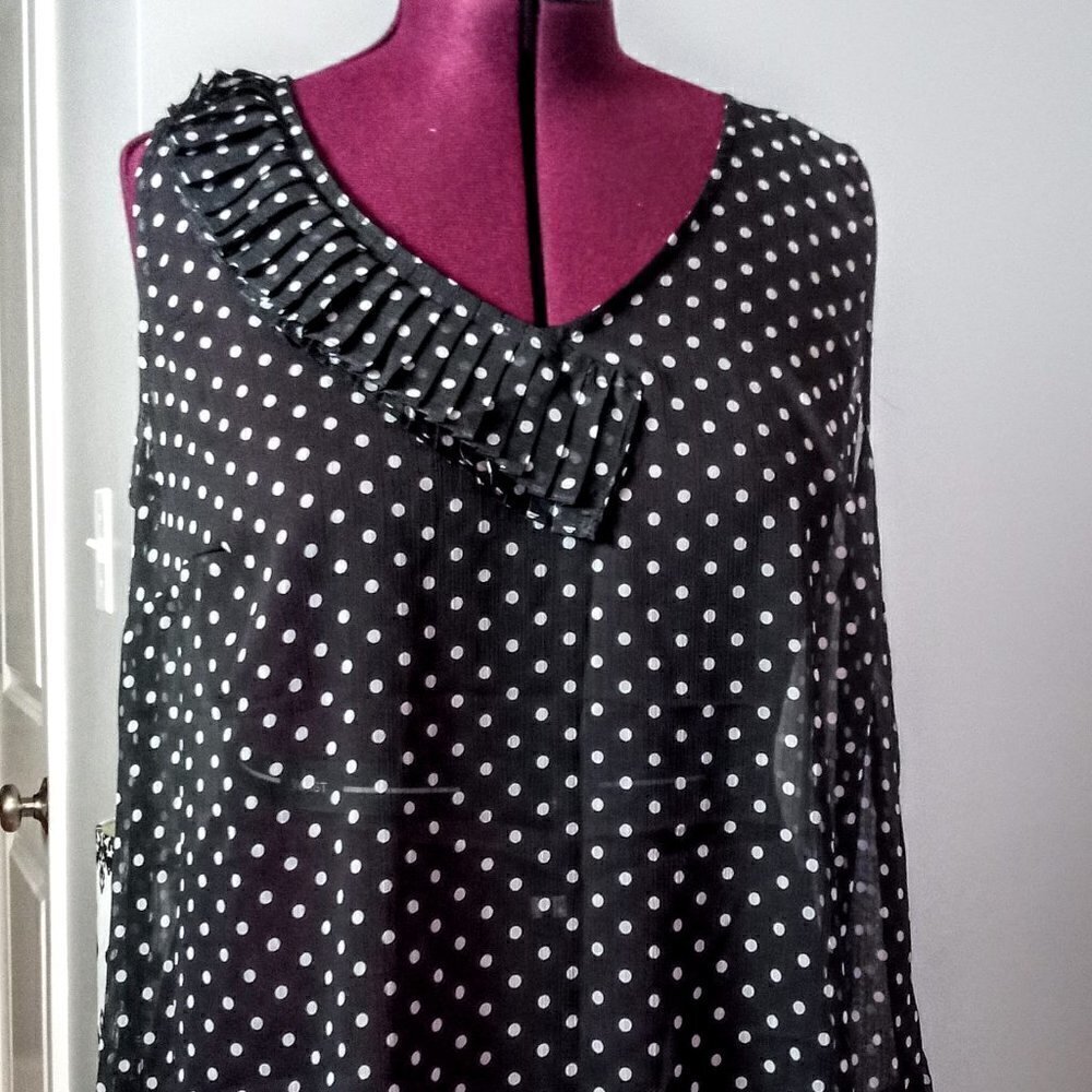 Avenue B&W Sheer Polka Dot Asymmetrical Ruffle Top